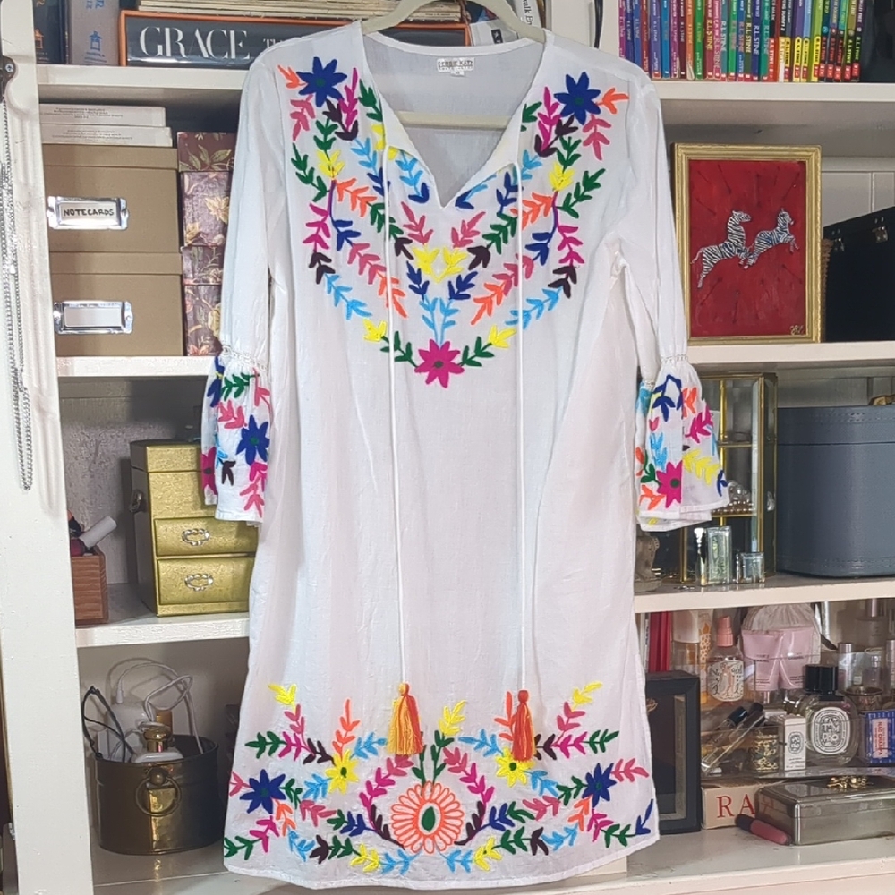 White Swim Cover Up Dress with Colorful Chain Stitch Embroidery Size Medium